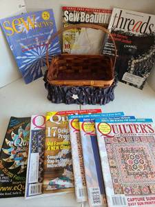lot 3313 image: Decorative basket with quilting and sewing magazines