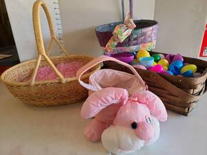 lot 3330 image: Easter baskets, stuffed bunny basket, plastic eggs