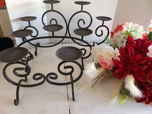 lot 3409 image: 3 metal candle stands and faux flowers.