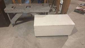 lot 4104 image: White Wooden Storage Chest on Casters and Bench 26x61x22