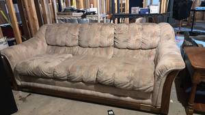 lot 4114 image: Three-Seater Fabric Sofa with Wooden Trim 86x31x33 located in basement with matching loveseat 4113