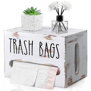 lot 22518 image: DRASTAR Trash Bag Holder, Wooden Stackable Trash bag Dispenser Wall Mount, Large Garbage Bag Dispenser for for 13-gallon Trash Bags Roll Holder, Kitchen Laundry Room Organization, Retro White - Retail $26