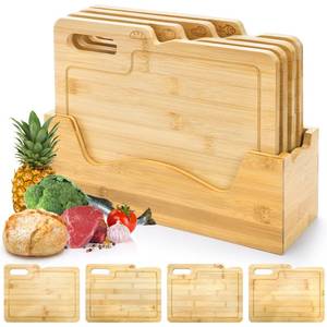 lot 50701 image: ZENFUN 4 Pack 12.5L x 9.8W Bamboo Cutting Boards with Holder, Wood Cutting Board Set, Chopping Boards Set with Food Icons, Kitchen Cutting Board Ideal for Meat, Fish, Bread, Vegetable, Fruit - Retail $33