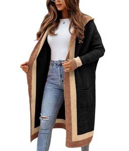 lot 50707 image: chouyatou Womens Color Block Vertical Striped Open Front Oversized Hooded Long Cardigan Sweaters with Pockets (Small, Black) - Retail $31