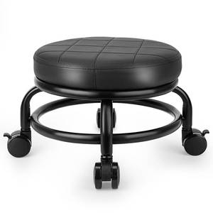 lot 50711 image: LWADALN Low Roller Stool Low Height Rolling Stool Seat PU Leather Small Chair Foot Stool Round Rolling Stools for Home Office Garage Shop (Black) - Retail $37