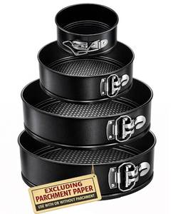 lot 50716 image: Tellshun 4 Pack Springform Pan Tins Set 4, 7, 9,10 Inch Baking Mold Round Leakproof Nonstick Removable Bottom Bakeware for Cake Cheesecakes Pie Pizza and Quiches - Retail $21