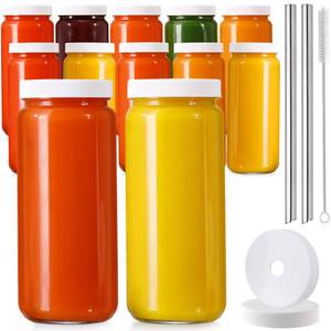 lot 50718 image: 9 PACK, 16 OZ Glass Juice Bottles with Airtight Lids, Bonus 2 Straws & Perforated Lids, Reusable Juicer, Juicing Bottles - Clear Drinking Jars Cups, Water Bottle, Travel Juice Container, White Caps - Retail $26