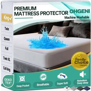 lot 50719 image: OhGeni Waterproof Mattress Protector, King Size Fitted Sheet with Deep Pocket, 6-18 Washable Hypoallergenic Mattresses Cover, Noiseless Soft Mattress Pad,Urine,Bedroom Essential,Pee & Dirt-Proof - Retail $15