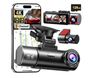 lot 50722 image: 4K2K2K 3 Channel Dash Cam Front and Rear, 128GB Card Included, Dash Camera for Cars 5.8G2.4G Dual Wifi, Built-in GPS, Night Vision, WDR, 170°Wide Angle, G-Sensor Emergency Lock, 24H Parking Monitor - Retail $102