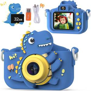 lot 50723 image: Dinosaur Kids Camera, Toddler Camera, Christmas Birthday Gifts Toys for Boys Age 3-12 Years, HD Selfie Kid Digital Camera with 32GB Card, Dinosaurs Toys for Kids 3 4 5 6 7 8 Years Old Gift (Blue) - Retail $22