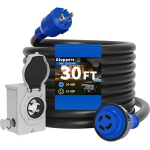lot 50726 image: Gloppers 30 Amp Generator Cord and Power Inlet Box, 30FT 125V250V 4 Prong SJTW Generator Extension Cord, Pre-Drilled 30 Amp Inlet Box Interlock Kit NEMA L14-30P to L14-30R Twist Locking ETL Listed - Retail $90