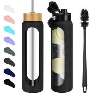 lot 50737 image: FULBEVY 25 oz Glass Water Bottles - Motivational Tumbler With Time Marker - Borosilicate Glass Bottle, Silicone Sleeve, 2 Lids,Handle Spout & Bamboo Straw, Black - Retail $23