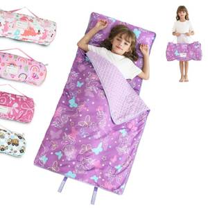 lot 50743 image: Toddler Nap Mat for Preschool 50x30 Sleeping Mat with Removable Pillow and Minky Blanket for Kids Ages 3-7 Roll Up Soft Sleeping Bag for Boys Girls Kindergarten Daycare Sleepover - Purple Unicorn - Retail $27
