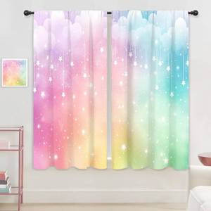 lot 50747 image: Riyidecor Colorful Rainbow Curtains Kids Girls Cute Clouds Pastel Ombre Starry Sky Stars Girly Aesthetic Rod Pocket Multicolor Princess Bedroom Living Room Treatment Fabric 2 Panels 42Wx63H Inch - Retail $25