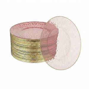 lot 50748 image: R-kay 100 Pack Pink Plastic Plates - 6.25 IN Hammered Gold Rimmed Sturdy, Durable And Extra Heavy duty Pink And Gold Plastic Dessert Plates Disposable - Appetizer Plates Disposable For All Occasions - Retail $20