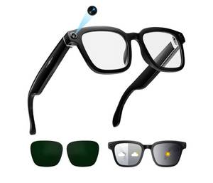 lot 7732 image: AI Smart Glasses with Camera, 1080P Video Recording Glasses, 8MP Camera Glasses, Real Time Translation, ChatGPT AI Voice Assistant, Open-Ear Audio,Sunglasses with Color-Changing Clear and Green Lenses - Retail $129