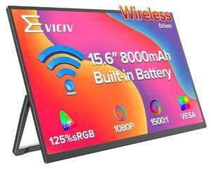 lot 7742 image: EVICIV Wireless Portable Monitor with 8000mAh Battery, 15.6 Wireless Monitor, Support AirPlay, Miracast Laptop Display, USB-C & HDMI & VESA, Travel Second Screen for Laptop, Computer, Game Consoles - Retail $160