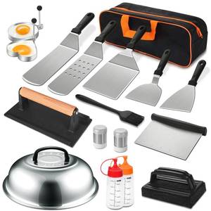 lot 22671 image: 18PCS Griddle Accessories Kit, Flat Top Grill Accessories Set for Blackstone and Camp Chef, Grill Spatula Set with Enlarged Spatulas, Basting Cover, Scraper for Outdoor BBQ - Retail $24
