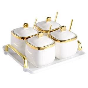 lot 22689 image: EABOSON 4 Pack Gold Condiment Spice Jars with Lids, Spoons, Tray - Ceramic Seasoning Box Set for Salt, Pepper, Sugar - Kitchen Storage - Retail $27