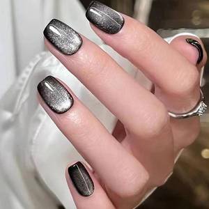 lot 33264 image: 24Pcs French Tip Short Square False Nails, Black Cat Eye Press on Nails, Glitter Acrylic Full Cover Fake Nail, Cute Elegant Glue on Nail, Natural Reusable Stick on Nails for Women Girls Manicure