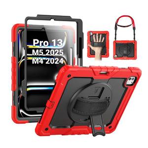 lot 33291 image: SEYMAC Case for iPad Pro 13 Inch M5 2025  M4 2024, Heavy Duty Shockproof Protective Case with Screen Protector, 360° Rotating Stand, HandShoulder Strap and Pen Holder, Red - Retail $36