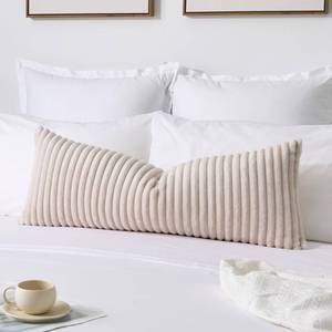lot 33296 image: Kevin Textile Soft Plush 14x36 Inch Long Lumbar Pillow Cover 1 Pack, Luxury Fluffy Faux Fur Striped Flannel Rectangle Body Cushion Case for Couch Sofa Chair Bed Home Decor, Beige - Retail $19