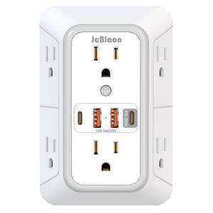 lot 33304 image: JcBlaon Multi Plug Outlet Surge Protector, Wall Charger with 6 Outlet Splitter with 4 USB Ports(PD 20W), 3-Sided 1050J Surge Protector Power Strip for Home Office Dorm Room Essentials - Retail $16