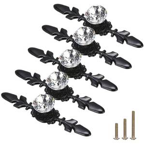 lot 33315 image: ESreake 5 Pack Black Diamond Clear Crystal Glass Decorative Knobs with Plate,Drawer Dresser Pulls Handles with 3 Kinds of Screws for Kitchen Bathroom Office Decoration (5 Pack, Small, Black) - Retail $10