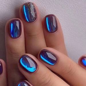 lot 41356 image: Blue Aurora Press On Nail, Short Round Head with Galaxy Blue and Sparkle Powder, Coated with Glossy Detachable Acrylic Nails, Suitable for Women and Girls Nail Art, 24 PCS
