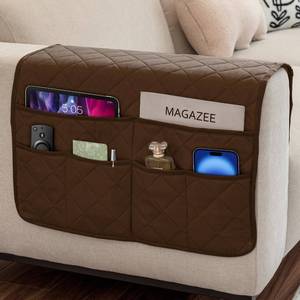 lot 58662 image: Remote Control Holder for Recliner Non-Slip Armchair Caddy Couch Armrest Organizer, Arm Chair Bedside Caddy Storage Organizer for Recliner Couch With 6 Pockets for Magazine, Phone, iPad (Brown) - Retail $17