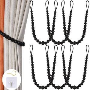 lot 58663 image: Wood Bead Curtain Tiebacks, KLOGTSIND Set of 6 Curtain Holdbacks for Thin or Thick Window Draperies, Boho Farmhouse Curtain Tiebacks with Hooks, Curtain Tie Backs for Home Office Room Decor - Retail $16