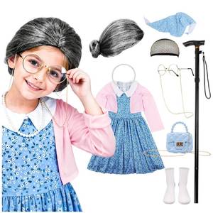 lot 58670 image: AXINYINGESS 100 Days of School Old Lady Costume Grandma Dress Up Set for Girls, Halloween Costumes Granny Outfit Kit for Girls Kids - Retail $19