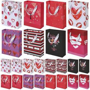 lot 58713 image: Zonon 24 Pieces Valentines Day Paper Gifts Bags Kraft Party Hearts Kiss Love Treat Goodie Bags with White Handles for Valentines Wedding Party Supplies, 7.9 x 6.3 x 2.4 Inch, 8 Styles - Retail $12