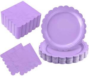 lot 58717 image: Oigco 50 Pcs Purple Plates and Napkins Party Supplies - Purple Disposable Scalloped Paper Plates & Napkins for Baby Shower, Wedding, Lavender Birthday Decorations, Serves 25 - Retail $9