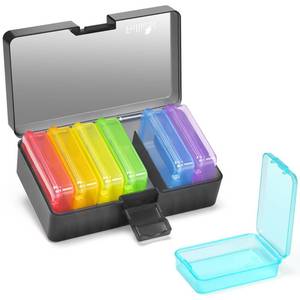 lot 3477 image: Fullicon Small Pill Case for Purse, Travel Medicine Pill Organizer, Weekly 7 Day Daily Pill Box, Pocket Pharmacy Pill Container Dispenser Holder with Labels (Black Rainbow) - Retail $9