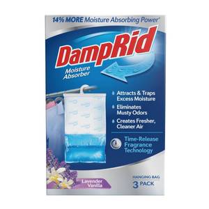 lot 3506 image: DampRid Lavender Vanilla Hanging Moisture Absorber, 16 oz., 2 Pack - Eliminates Musty Odors for Fresher, Cleaner Air, Ideal Moisture Absorbers for Closet, Blue, Small - Retail $12