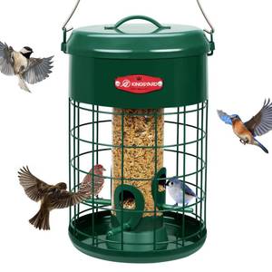 lot 3508 image: Kingsyard Upgraded Squirrel Proof Caged Bird Feeder for Outdoor Hanging - Additional Storage Tube Bird Feeder with 4 Feeding Ports & Perches, Easy to Clean & Refill. Green - Retail $32
