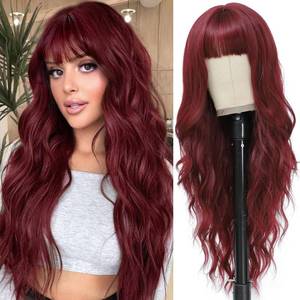 lot 3526 image: MINSEEYOO Burgundy Wig with Bangs for Women Long Burgundy Wavy Wigs 26 Inch Dark Red Wigs Natural Looking Heat Resistant Synthetic Wig for Daily Party Use - Retail $24
