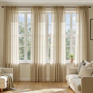 lot 3545 image: MIULEE Beige Sheer Curtains 108 Inches Long, 4 Panels Set, Rod Pocket Voile Drapes Light Filtering and Semi Transparent, Elegant Window Treatments for Bedroom Living Room,42 x 108 Inches - Retail $31
