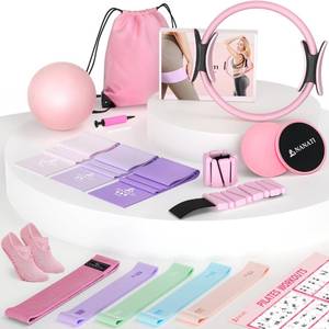 lot 3556 image: NANATI Pilates Kit 19PCS,Pilates Essentials Kit for Women,Pilates Equipment with 14.5 Pilates Ring and Ball,8 Resistance Bands,Ankle Weights,Sliders & Grip Socks Accessories for Starter Home Workouts - Retail $46
