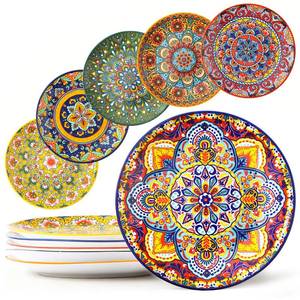 lot 3575 image: NTKOW 6piece Bohemian ceramic plates 8inch pasta plates spacious, suitable for microwave oven and dishwasher perfect for holiday parties and family gatherings