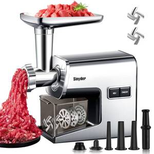 lot 3580 image: Sinyder Electric Meat Grinder,3000 Max Heavy Duty Stainless Steel Meat Mincer with 2 Blades,3 Grinding Plates,3 Sausage Stuffer Tubes &amp Kubbe Kit for Home &amp Kitchen Using MISSING GRINDER PLATES AND DRAWER - Retail $110