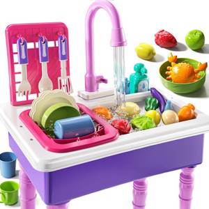 lot 3582 image: JUKUDAHU Play Sink with Running Water, Play Kitchen Toys Sink for Kids 3 4 5 6 7 Years Old, Electrical Dishwasher, Kitchen Accessories Set, Dishes Games, Gifts for Toddlers 3-5 - Retail $33