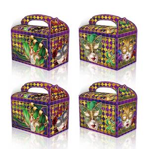 lot 3588 image: 12 Pack Mardi Gras Party Favors Boxes Carnival Parade Masquerade Candy Goodie Boxes Mardi Gras Feather Face Masks Pattern Gift Treat Boxes for New Orleans Birthday Party Decorations - Retail $10