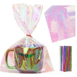 lot 3597 image: 30  PCS Holographic Bags(8x11 Inch) with Colorful Ties, Clear PLastic Iridescent Cellophane Goodie Gift Treat Candy Goody Cookie Bags for Holiday Birthday Valentines Party Favors Supplies Decorations - Retail $10