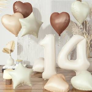 lot 3609 image: 14th Birthday Balloons Decor, Cream Brown Tan Helium Number 14 Balloon Heart Balloon, Neutral Beige Sand White Nude Foil Star Balloon Set for Girls Birthday Wedding Anniversary Party Boho Decoration - Retail $9