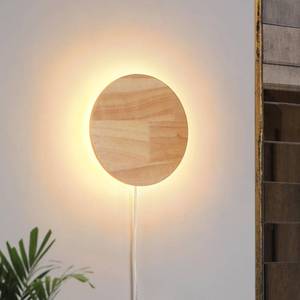 lot 3623 image: Modern Minimalist Plug in Wall Sconces, Plug-in Or Cordless 7.9 Round Wood Backlight LED Wall Lamp, 12W, 1300LM Warm White Brightness Wall Light Fixtures for Bedroom, Living Room Wall Decor