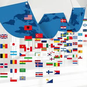 lot 3633 image: Leinuosen International Flag Banner 144 x 15 inch World Map Banner with 90 Countries String Flag National Decoration Set for School Classroom Sports Club Birthday Party Supplies Decor(World Map) - Retail $18