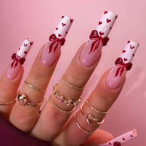 lot 3690 image: 24Pcs Valentines Day Press on Nails Long Square Fake Nails Petite Red Heart False Nails with Cute Red Embossed Bow Designs White French Tips Nails Press ons Glossy Mini Heart Acrylic Nail for Women - Retail $8