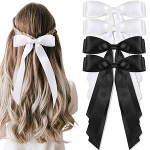 lot 3691 image: vivinin 4pcs Solid Silky Satin Hair Accessories Bows with Long Tails, Daily Wear Clips for Women and Girls, White and Black Gifts - Retail $5